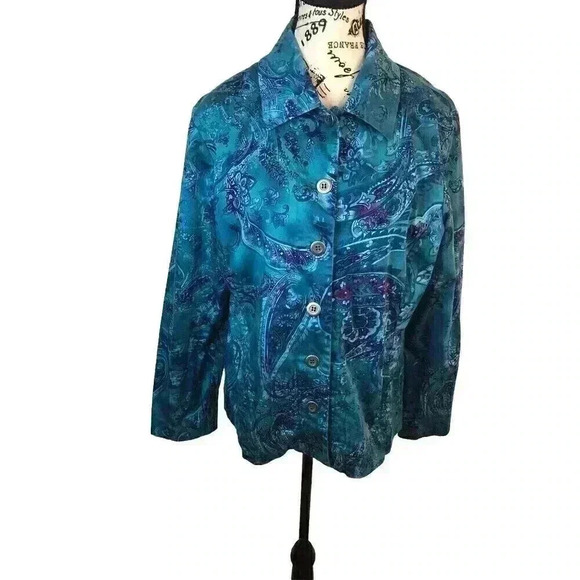Chico's Addition Artsy Floral Jacket Pockets Sz 2 Large Deep Sky Blue L/S - Picture 1 of 7